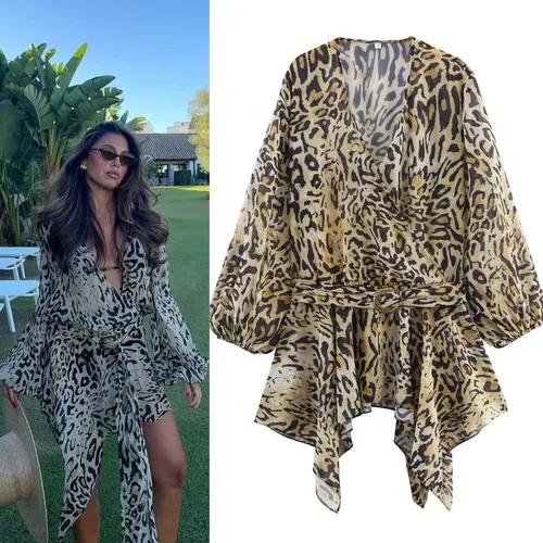 ETJ 2025 nueva moda animal estampado de grano vestido cruzado sexy interior con cuello en V vacaciones viento es faldas con dobladillo asimétrico