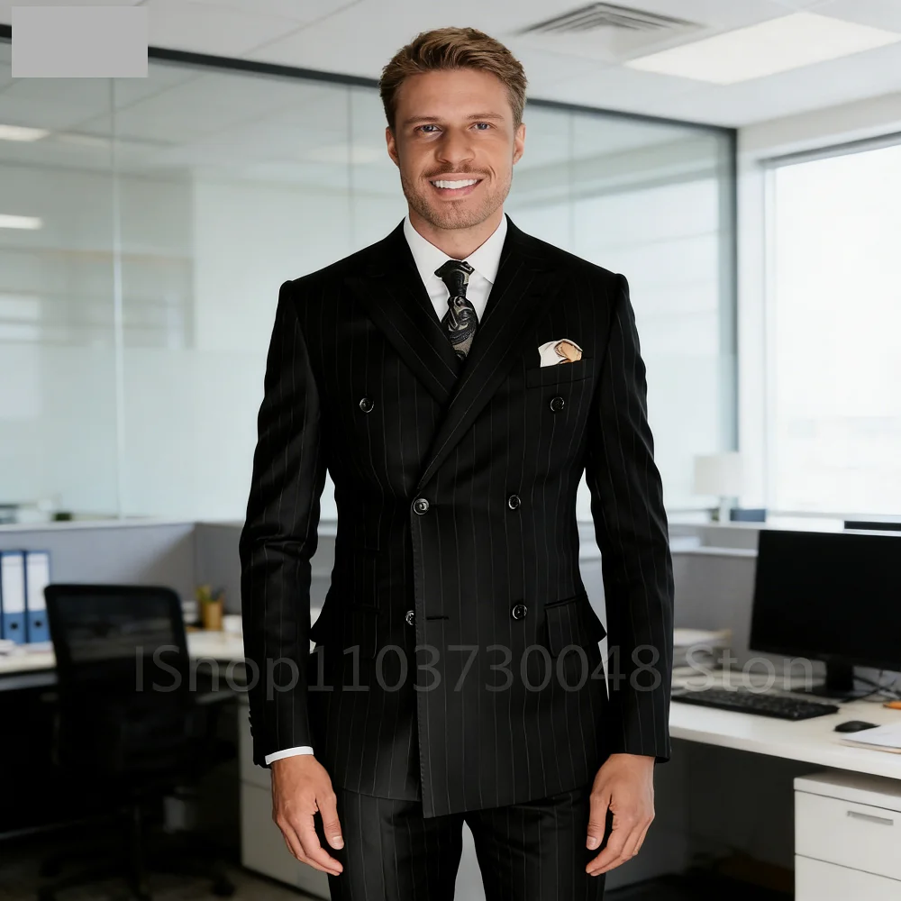 

Мужской приталенный костюм в синюю полоску, двубортный пиджак с пиковыми лацканами для курения, комплект из 2 предметов, свадебный смокинг жениха, ансамбль