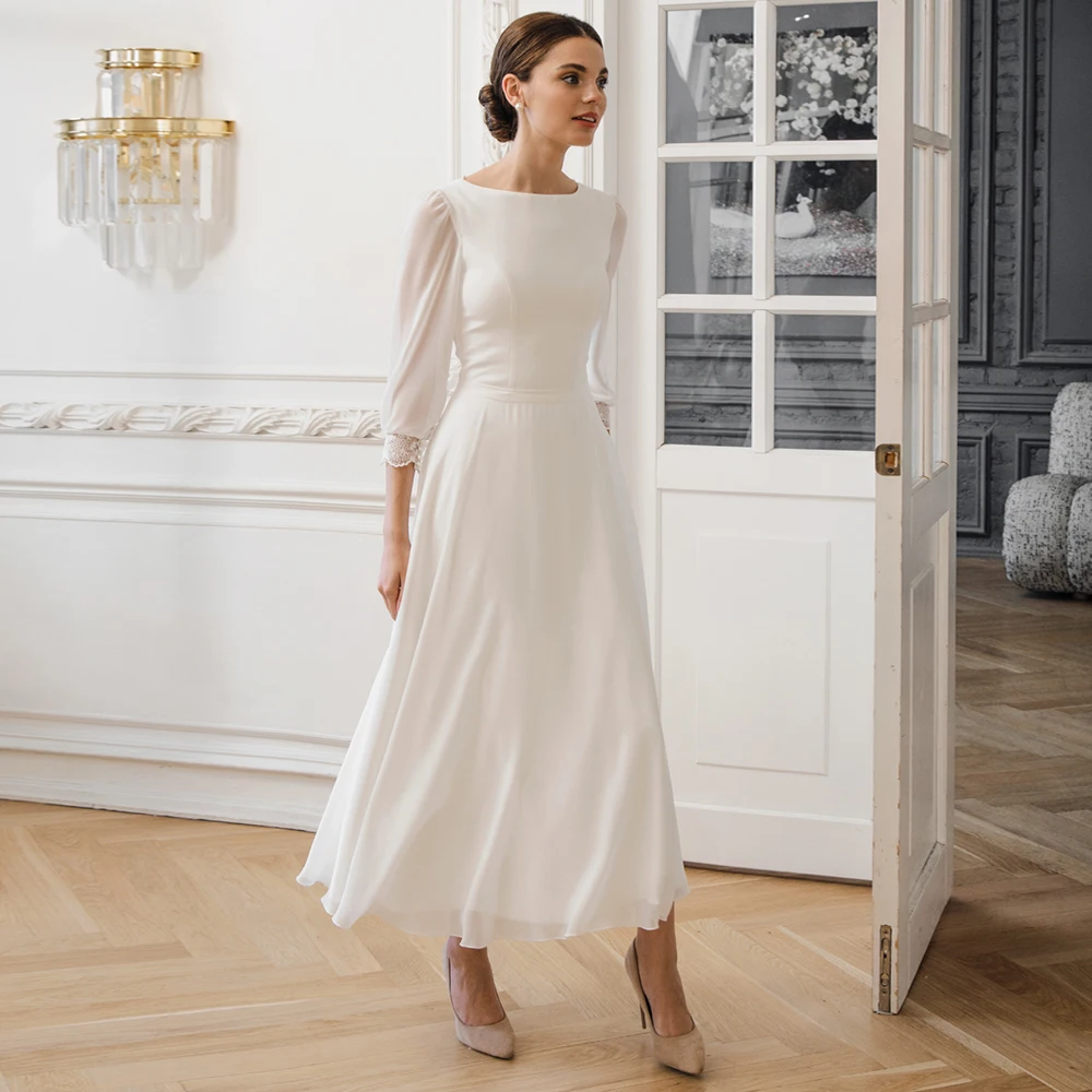 

Charming Tea Length Chiffon Wedding Dress Crew Neck Lace Three Quarter Sleeves A-Line Bridal Gowns Customized Vestido De Novia