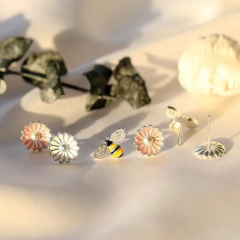 925 Sterling Silber Blumen bienen Ohr stecker für Frauen Geschenk hypo allergen Sterling silber-Schmuck verhindern Allergie – Detail 5