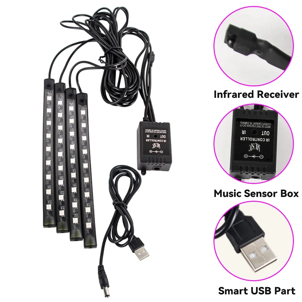 RGB LED-Autolichtleiste Ambientebeleuchtung LED-Fußraumleisten mit USB-Zigarettenanzünderanschluss Automotive-Innenbeleuchtung Dekorative Leiste mit Steuerung – Detail 3