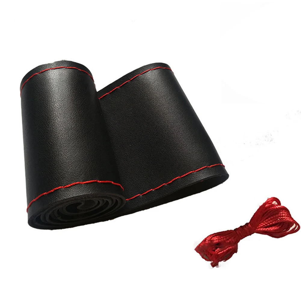 Brand New High Quality Hot Sale Steering Wheel Cover Hand Sewing Anti-slip Accessories Black/Red Leather With Needles Thread