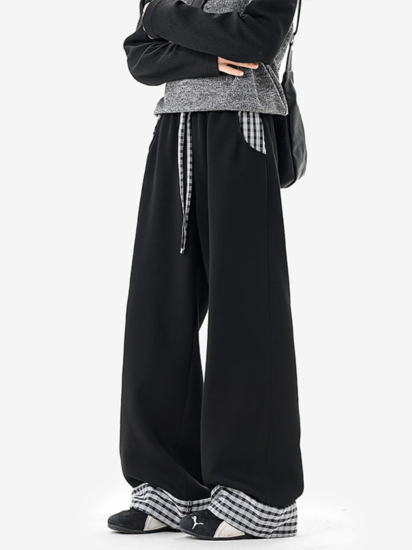 

Мужские повседневные брюки в американском стиле с широкими штанинами, в клетку, с лоскутным узором, весенние, новые, модные, свободные, прямые, спортивные, джоггеры