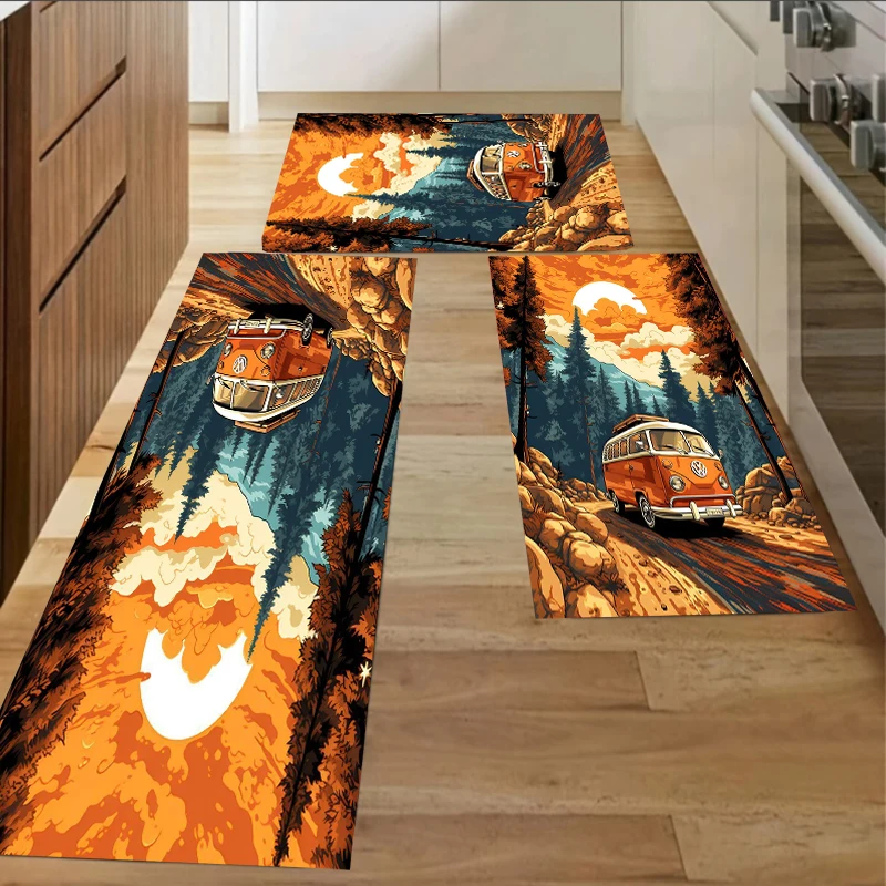 Vintage Camping Bus Kitchen Rug Set - Retro Road Trip Print NonSlip Oil Proof Runner Rug for Kitchen Hallway Living&Camper Decor