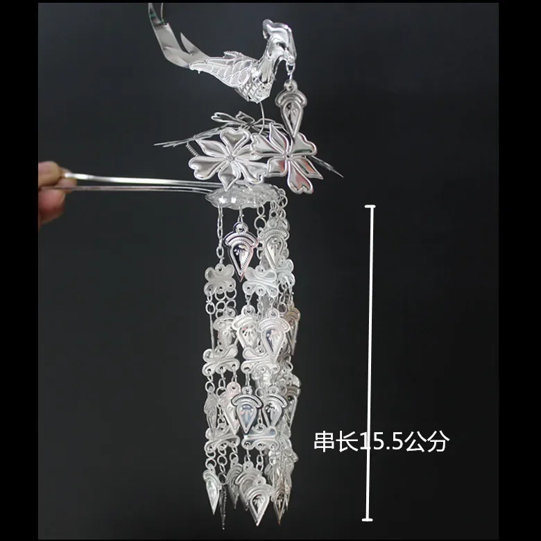 Hmong Hair Accessories Ancient Costume Hanfu Headdress Miao Silver Hairpin Tassel Wedding Stage Jewelry