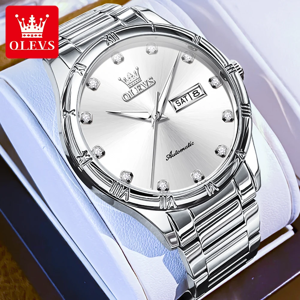 Reloj OLEVS 7030 para hombre, correa de acero inoxidable, escala de diamante, calendario doble clásico, relojes de pulsera mecánicos de lujo para hombres de negocios