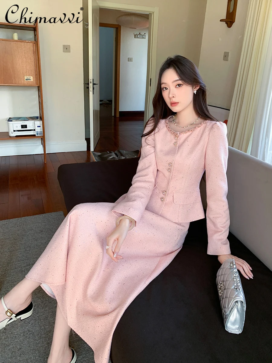 

Spring and Autumn French Fashion Long Sleeve Slim Jacket High Waist Long Skirt Two-Piece Set Elegant Commuter Women's Suit