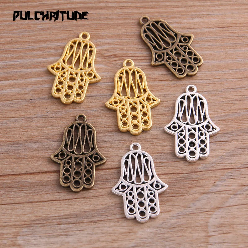 PULCHRITUDE 10PCS 18*28mm Three Color Metal Zinc Alloy Hollow Palm Charms Fit Jewelry Pendant Charms Makings