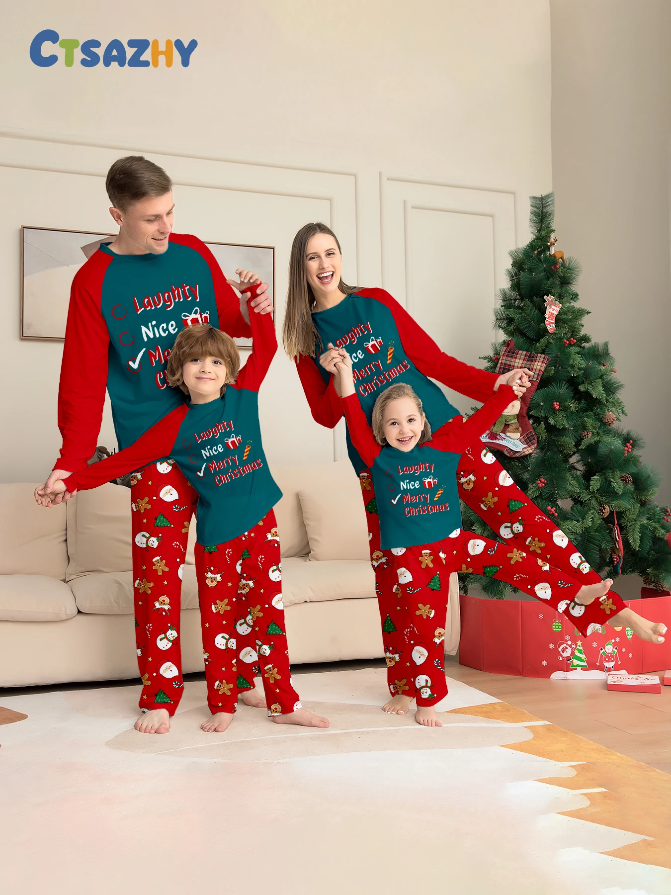 أطقم بيجامات عيد الميلاد العائلية - تصميم منقوش باللون الأحمر والأخضر مع أنماط الأيائل، مريحة للعطلات