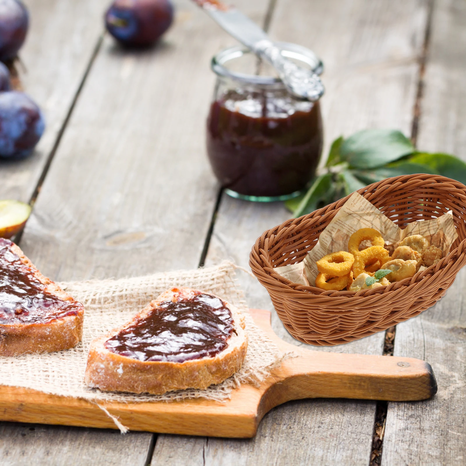 

2Pcs Woven Storage Baskets Imitation Rattan Kitchen Organizers Fruit Vegetable Bread Holder Food Serving Tray Plastic Baskets