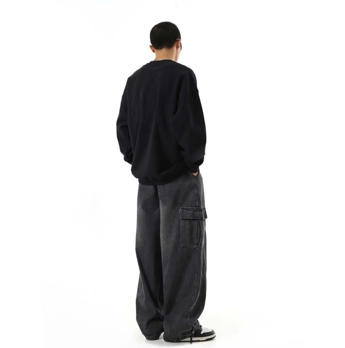 Schwarze Baggy-Cargohose für Herren, lässig, weites Bein, Jogginghose, Übergröße, Vintage, gerade, lockere Arbeitsjeanshose, weicher Komfort – Detail 16
