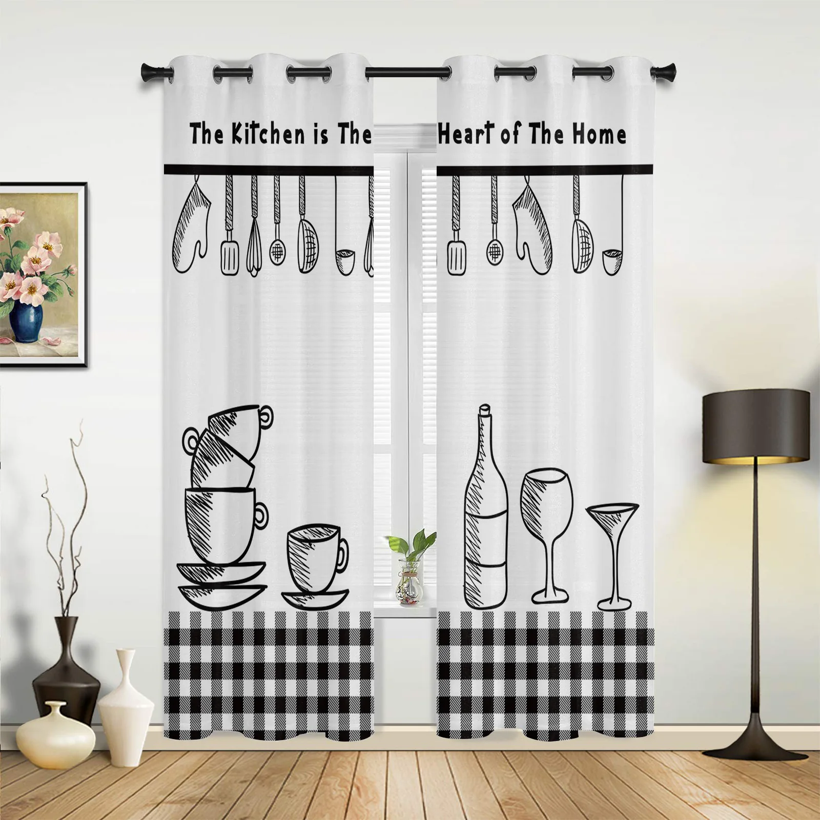 Kitchen Utensils Plaid Black White Curtains for Bedroom Living Room Drapes Kitchen Kid's Room Window Curtain Modern Home Decor