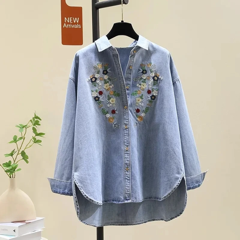 

Ladies New Embroidered Blue Denim Shirt Coat Summer New Loose Casual Shirt Chic Single-Breasted Denim Shirt Lapel Printed Top