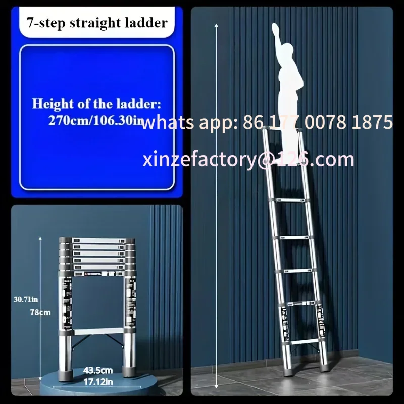 Customizable Ladders Extendable Telescopic 1.9M-2.7M Heavy Duty Multi Purpose Straight Loft Ladder Portable Folding Stainless