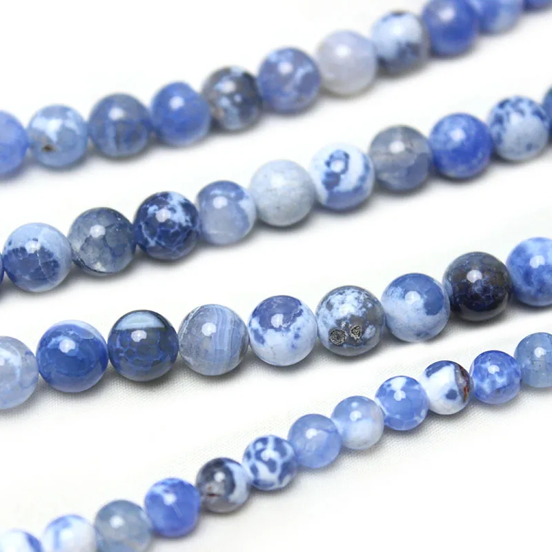 Natural Fire Blue Agat Stone Chalcedony Smooth Round Loose Beads  For Jewelry DIY Bracelet Necklace 6 8 10 MM Pick size