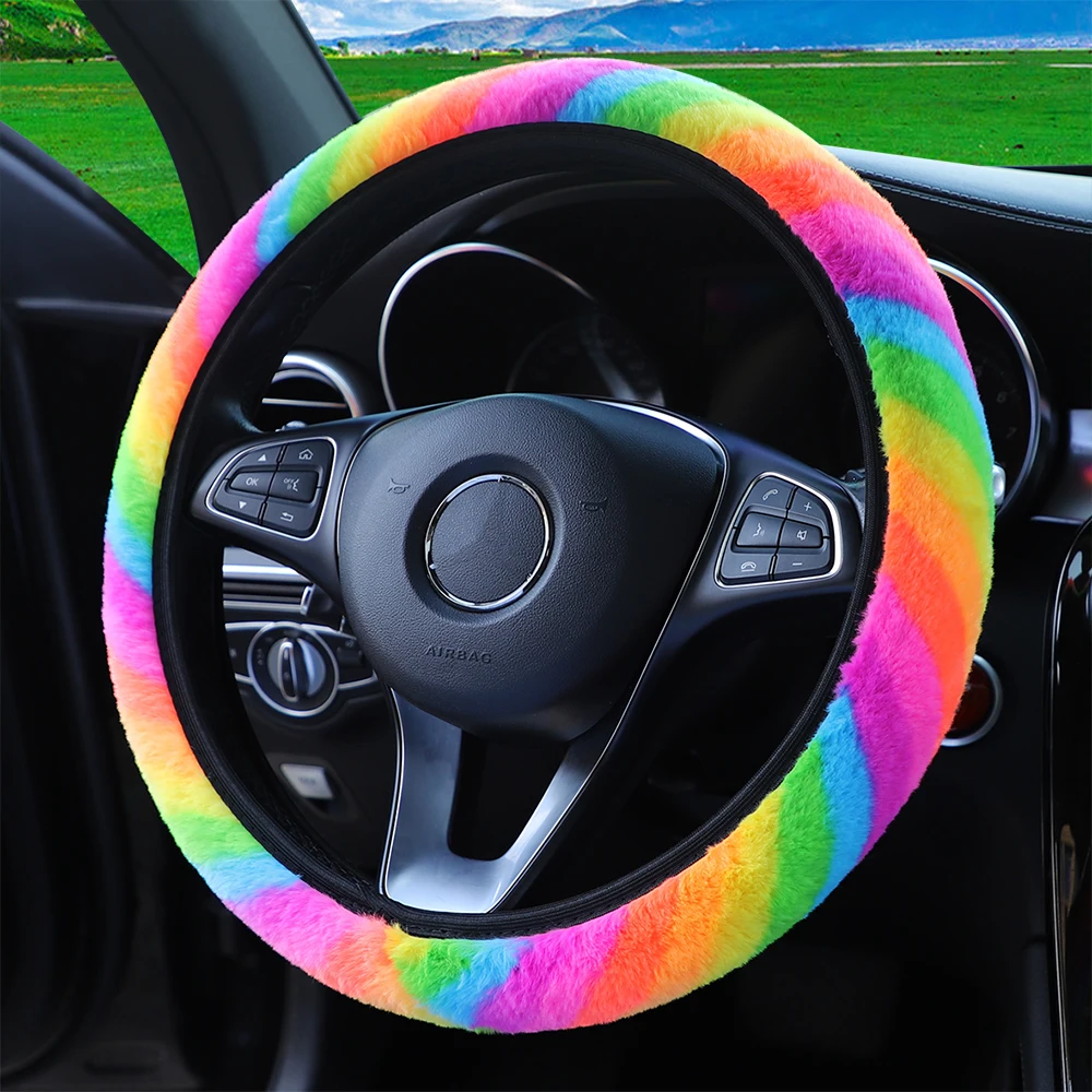 Winterwarmer Damen-Lenkradbezug aus handfarbigem, gestreiftem Plüsch, 14,5–15 Zoll, Auto-Innenzubehör, randlos – Detail 2