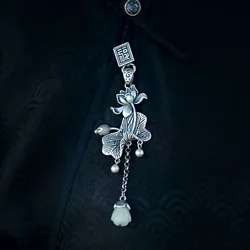 925 silver natural Hotan Jade placket button Classic Chinese style lotus flower pendant tassel accessories cheongsam jewelry