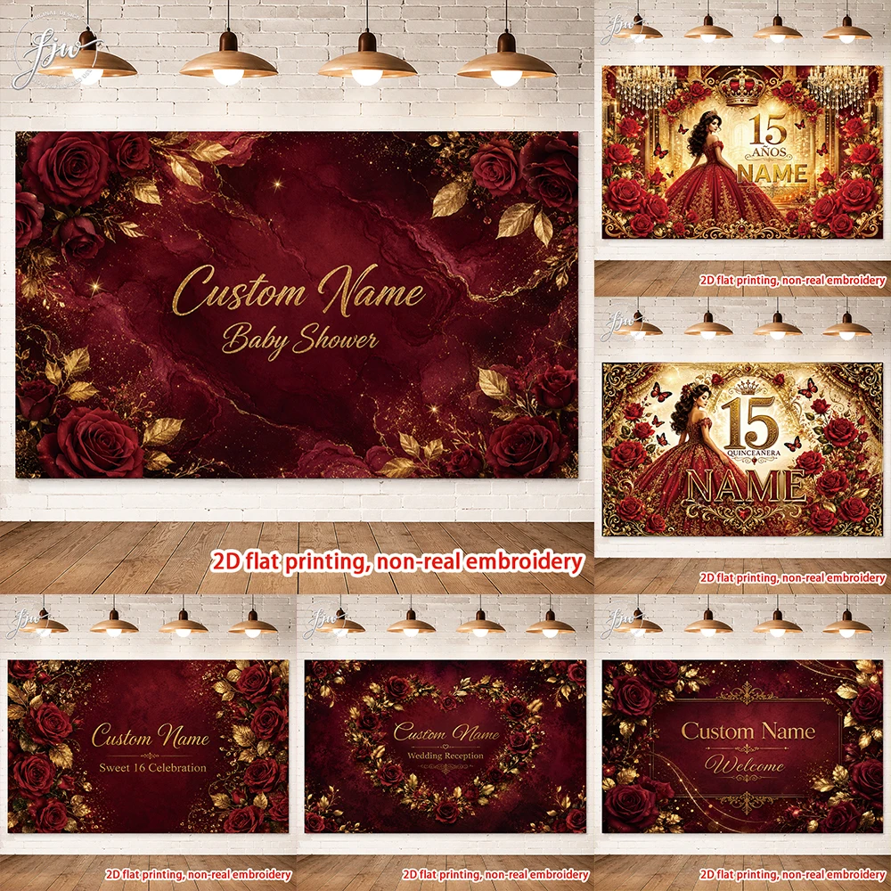 1pcs Custom Burgundy Gold Rose Party Backdrop,Baby Shower Sweet 16 Quinceanera Wedding Reception Welcome Banner Background