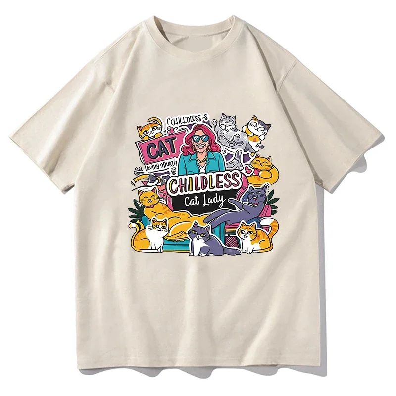 2024 Childless Cat Lady T-Shirts Women's Fashion Kawaii Meme Print Tees Short Sleeve Letters Summer Cotton Fashion Streetwear