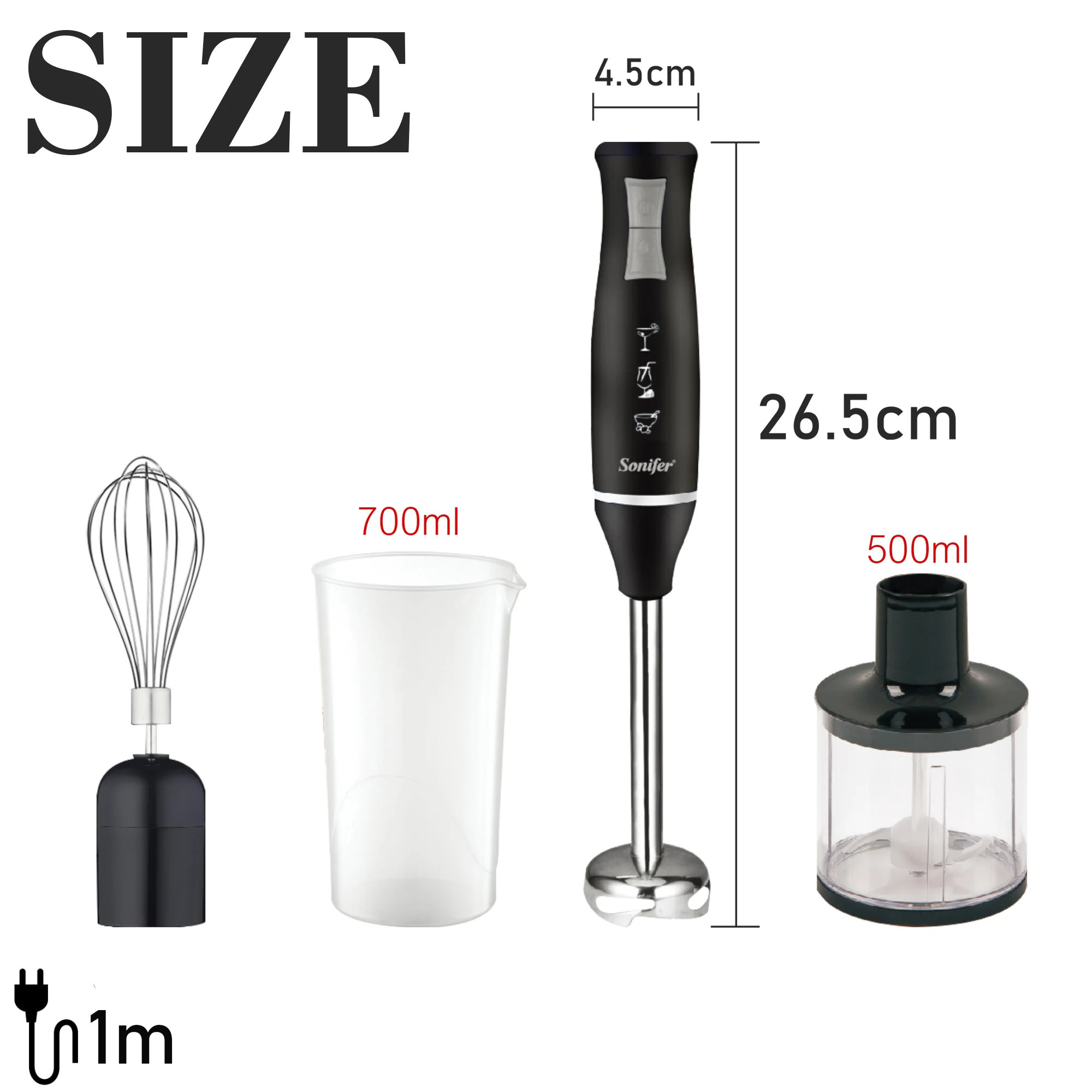 3 in 1 Immersion Blender Hand Food Mixer Includes Chopper and 700ml Smoothie Cup Stainless Steel Ice Blades Whisk Sonifer