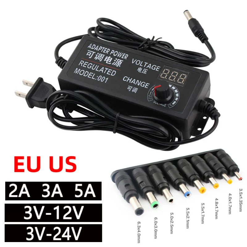 

Universal Adapter Adjustable Power Supply Adapter AC To DC 3V 12V 3V 24V 9V 24V With Display Screen Voltage Regulated Hoverboard
