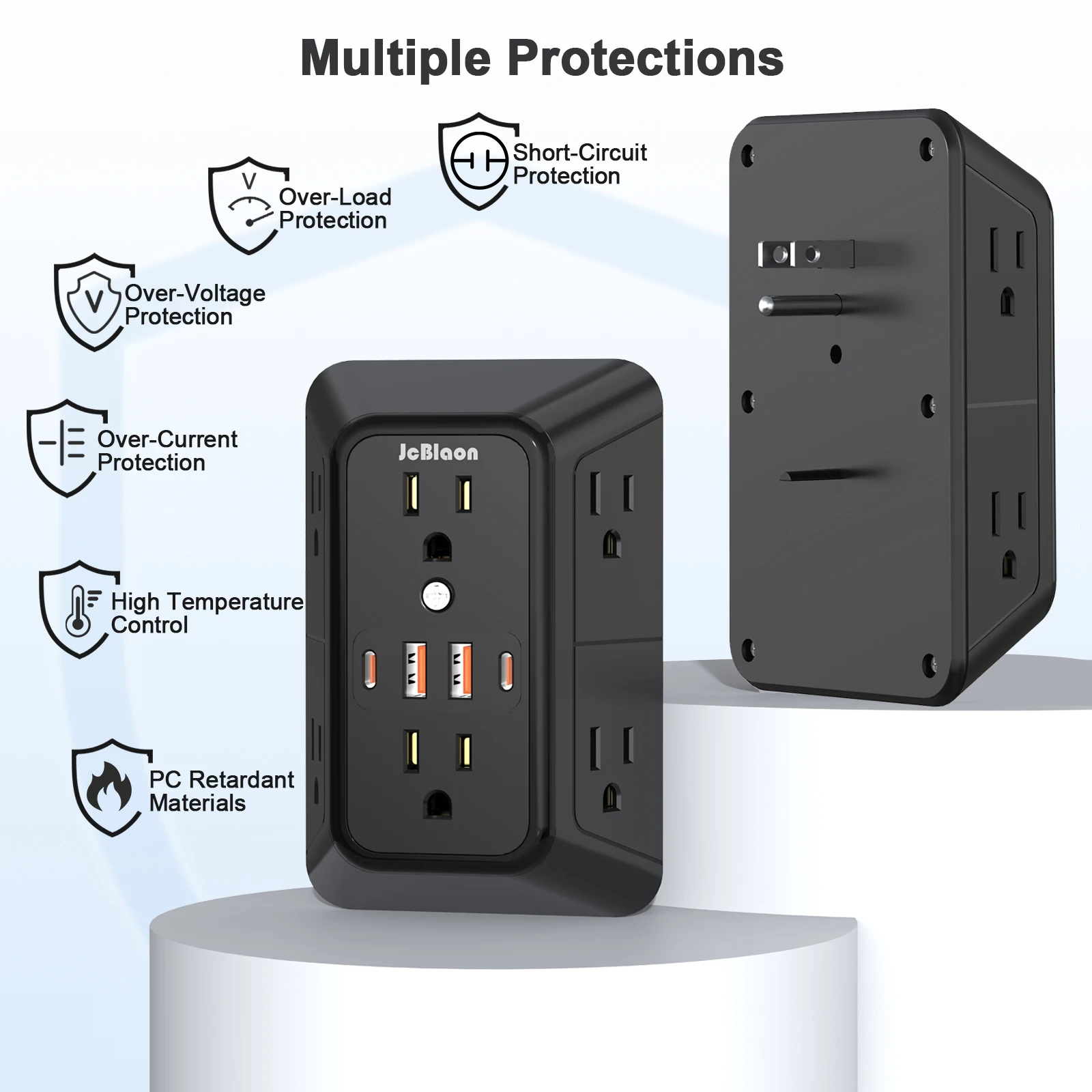 Power Strip with 6 AC Wide Outlets 2 USB Ports 2 Type-C Sockets , Multi-socket Wall Plug Adapter Power Expander Quick Charge