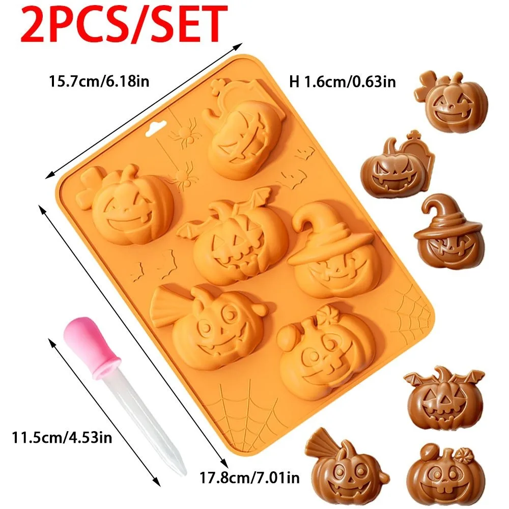 2 Pcs 6 Cavity Wizard Pumpkin Silicone Mold with Pink Dropper for DIY Halloween Candle Soap Clay and Aesthetic Party Gifts