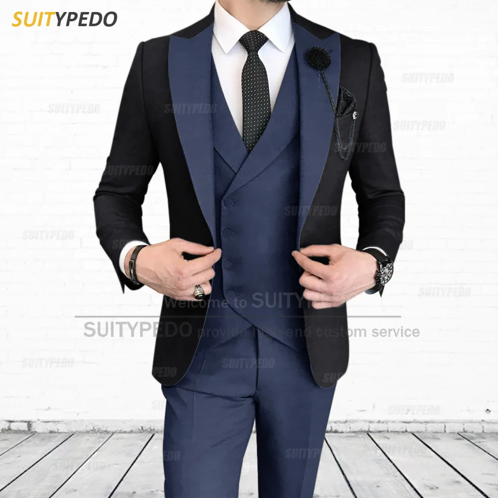 

Fashion Navy Blue Suit for Men Slim Fit Formal Prom Wedding Blazer Vest Pants 3 Piece 2023 New Casual Singers Mens Tuxedo Set