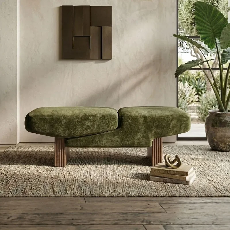 New vintage velvet bench with sculptural wooden legs, modern abstract upholstered entrance bench, medieval Ottoman living room