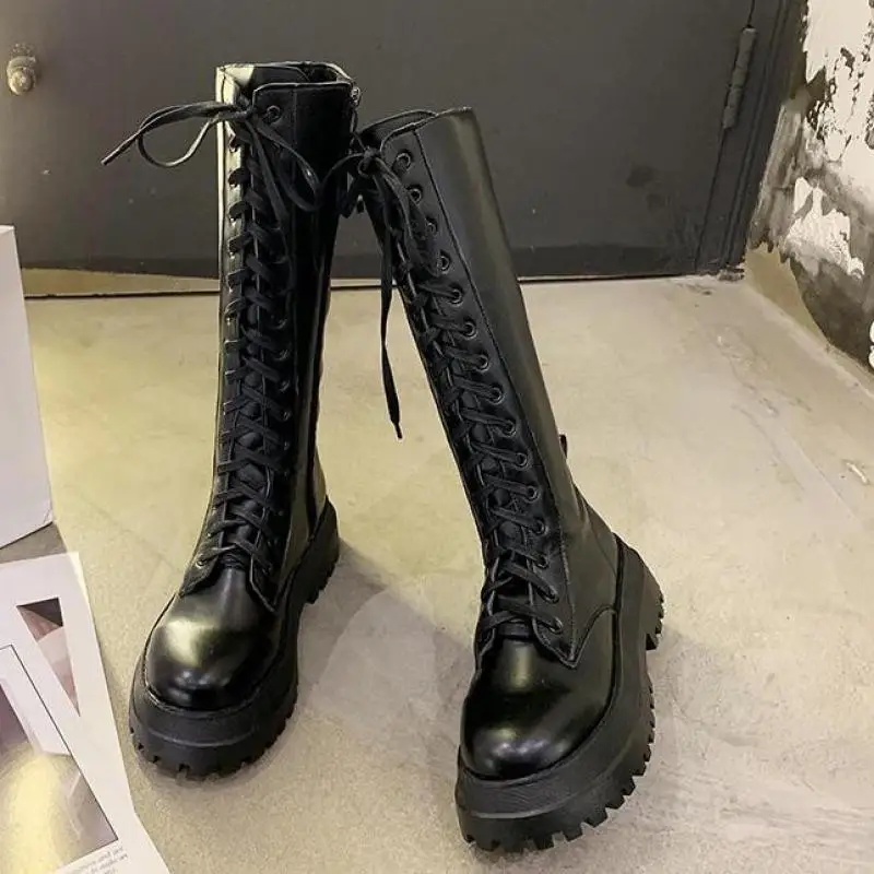 Chunky Platform Pu Leather Knee High Boots Women Punk Increasing Long Female Lace Up Booties Mujer 2021 Zip Chelsea Women Shoes