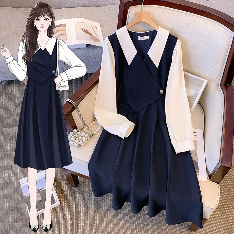 Autumn Winter Women Dresses Doll Collar Long Sleeve Casual Female Elegant Large Size Elegant Splice Fake Two Pieces Party Robe