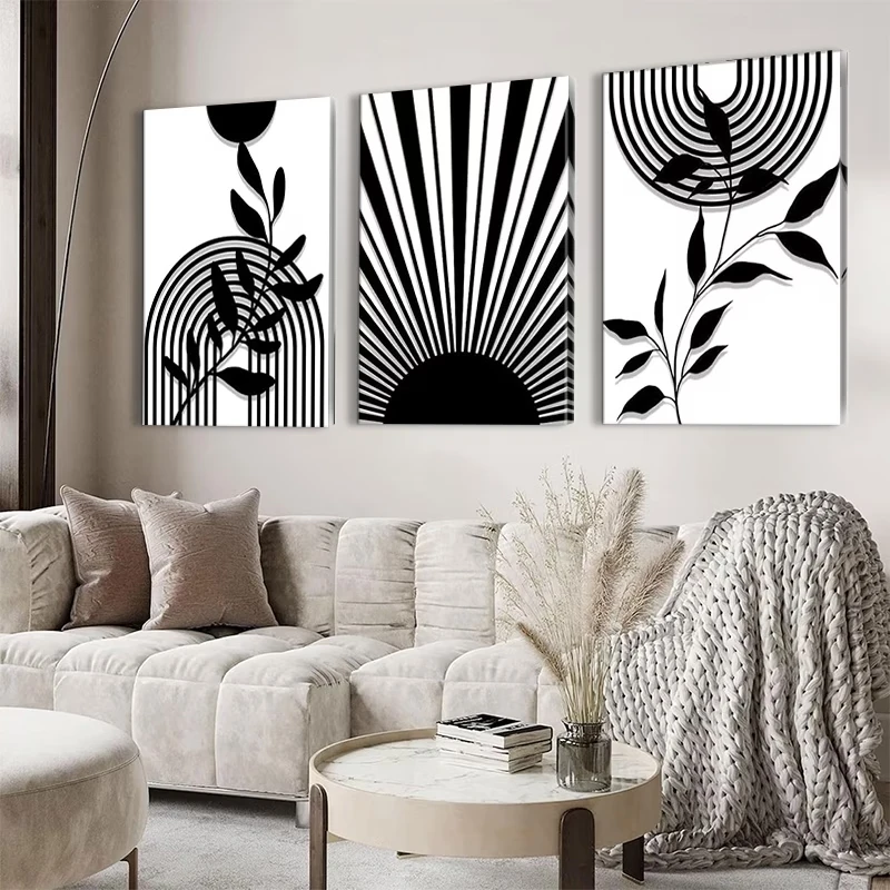 3pcs frameless Canvas Painting 3pcs Modern Black & White Leaf & Sunlight Wall Art Print Canvas Painting Poster Picture For Livin