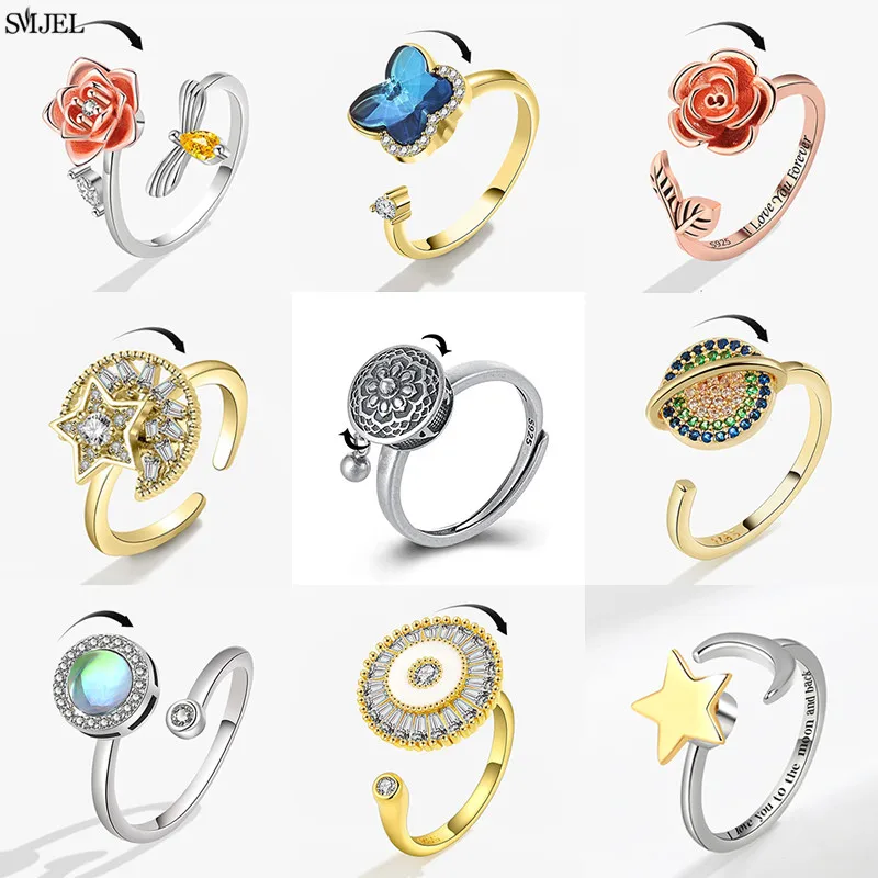 Luxury Crystal Star Moon Fidget Spinner Ring Anxiety Rings for Women Korean Rose Mandala Flower Finger Ring Anti Stress Jewelry