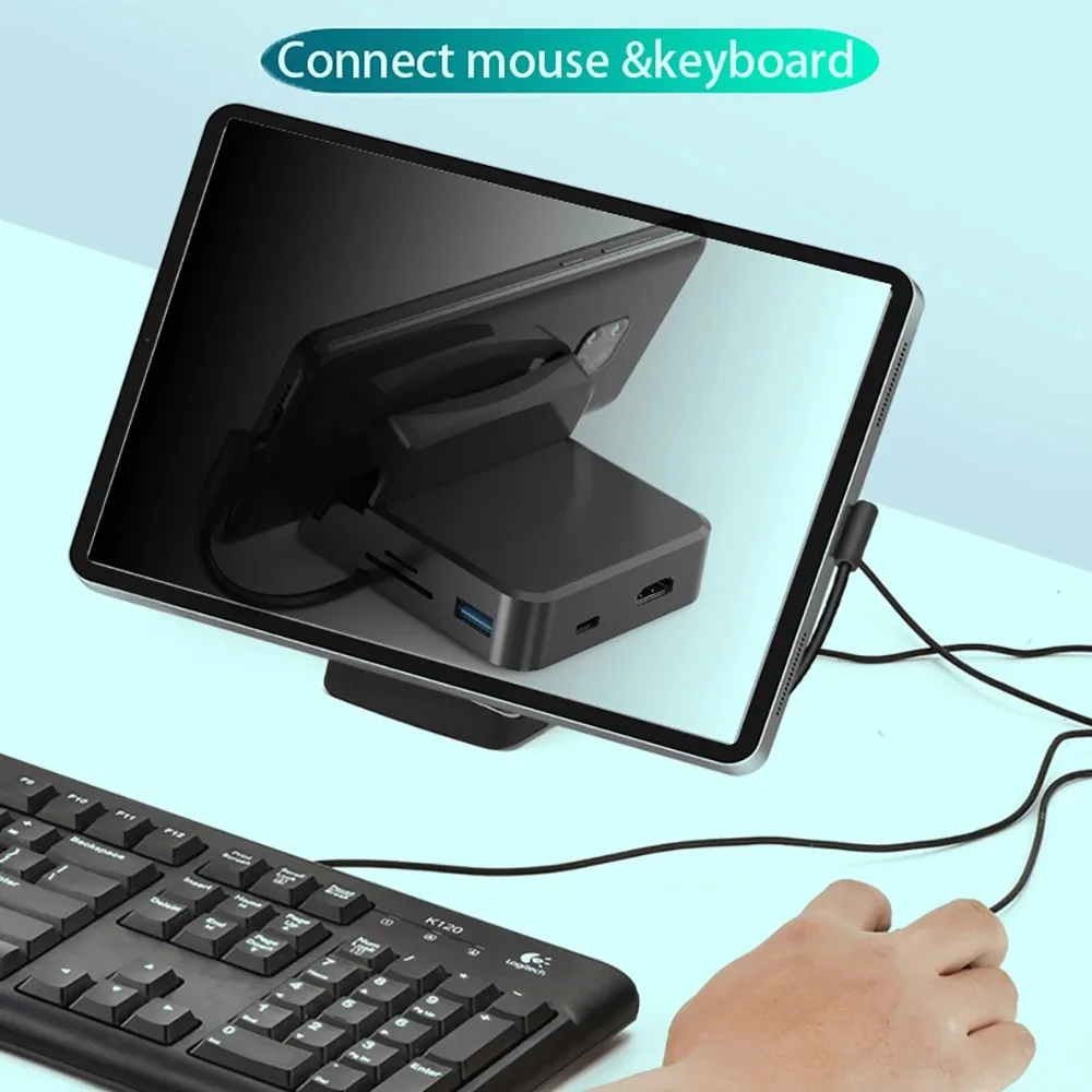 Tipo C HUB Docking Station, Suporte do telefone, USB C para HDMI Dock, Adaptador de carregador de energia 15W, Samsung, Huawei, 8 em 1