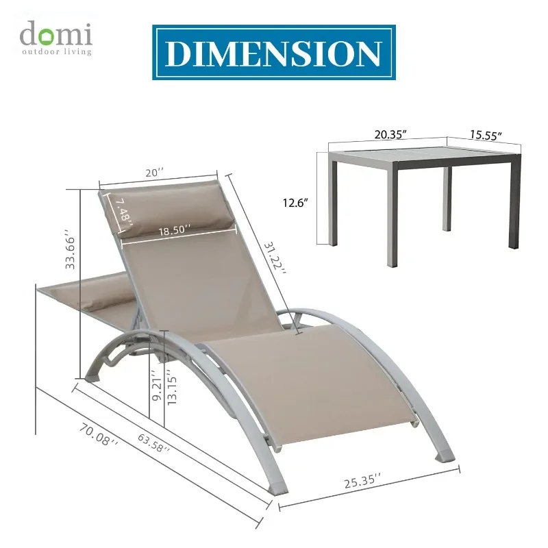Chair Set of 3, Aluminum Lounge Chairs for Outside with 5 Adjustable Positions, Chaise Lounge Outdoor, Customized