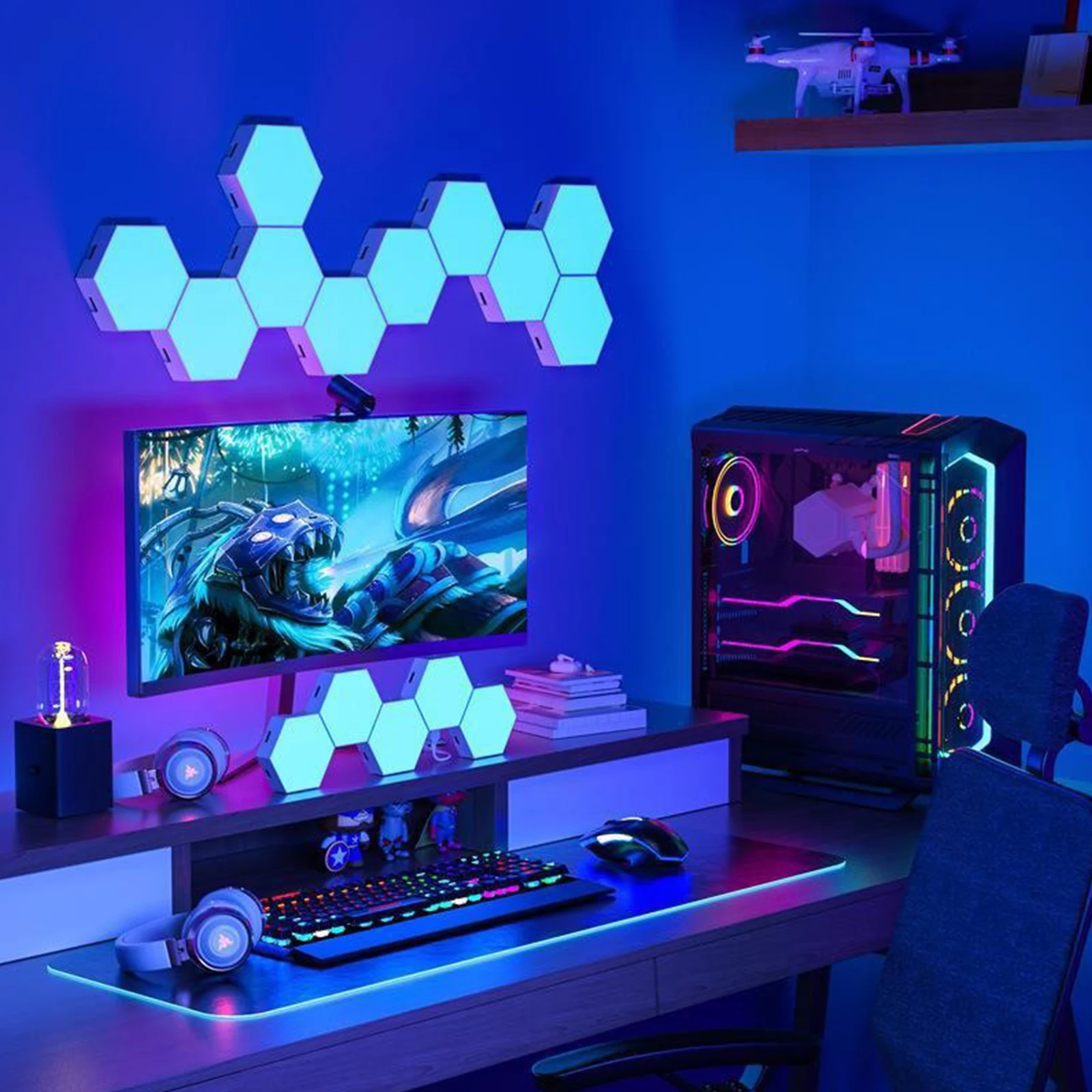 Ferngesteuerte geometrische sechseckige LED-Mehrfarbenleuchten, Wohnzimmer, Schlafzimmer, Arbeitszimmer, DIY-Atmosphäre, Dekoration, Wandleuchten