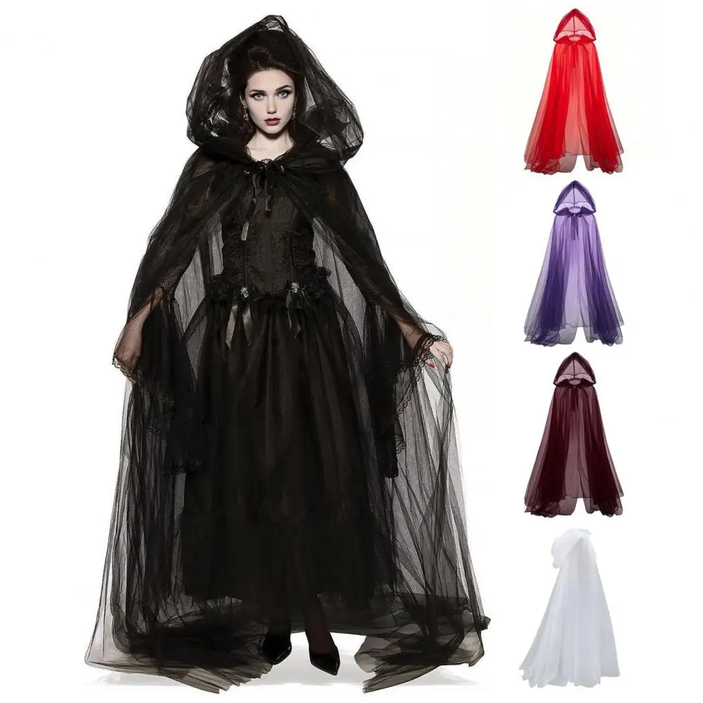 Halloween Ghost Cosplay Costume Cloak Adult Hooded Lace-up Witch Cloak Costume Full-Length Sheer Cape with Oversized Hood