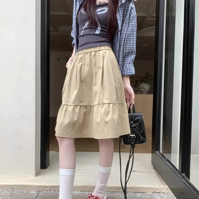 

Korean Simple Fashion Lazy Solid Knenn Length Skirts All Match High Street Setrech Waist Jupe Y2k Harajuku Vintage Thin Skirt