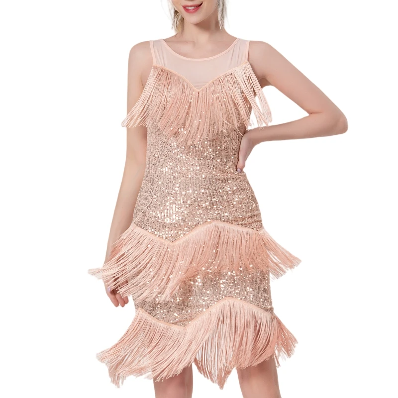 Rose Gold Jewel Neck 1920s Gatsby Dress with Fringe Sexy Sleeveless Mesh Sequined Knee Length Party Dress