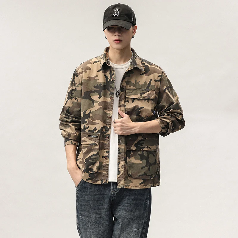 

Japanese Work Camouflage Shirt for Mens Spring and Autumn New Long-sleeved Casual Fashion Military Outdoor Shirts Jackets Men