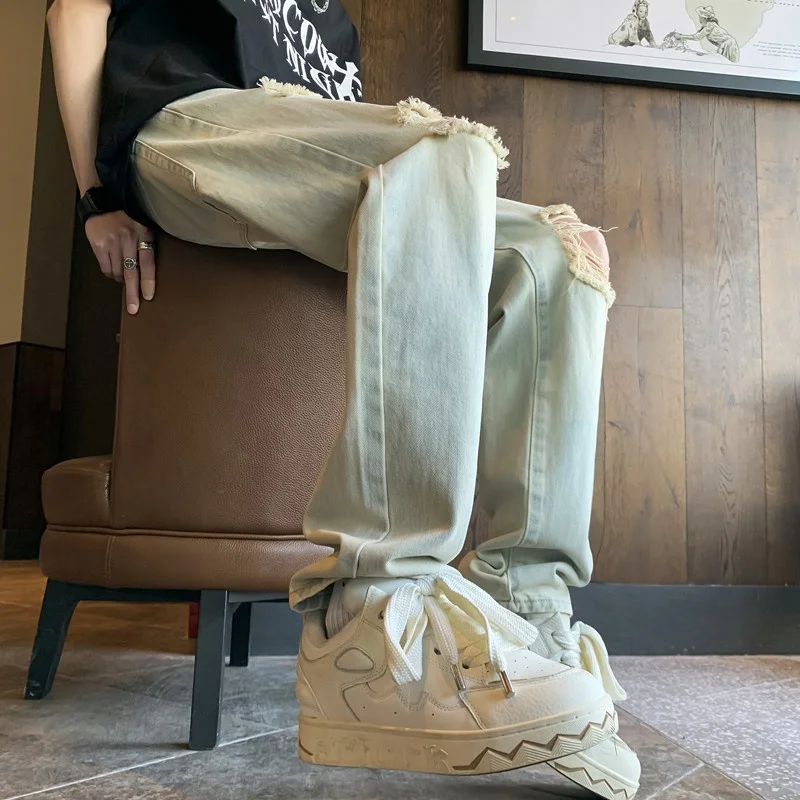 

Video Sle Men's Slim Fit Straight Leg Jeans High Street Faion Cement Yellow Dyeing Wear Resistant Long Pants