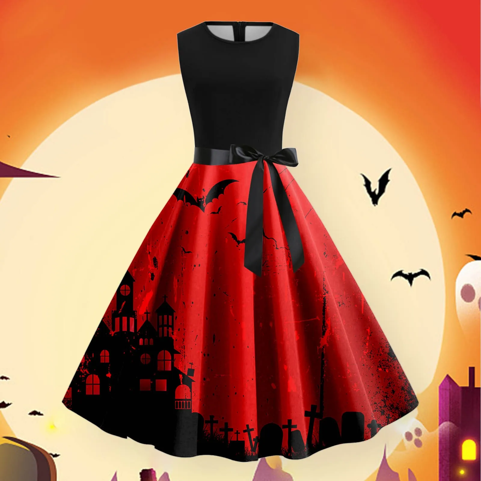 

Halloween Dresses For Women Vintage Gothic Pumpkin Printed Strapless Princess Long Dresses Slim Belt Waisted Cocktail Maxi Dress