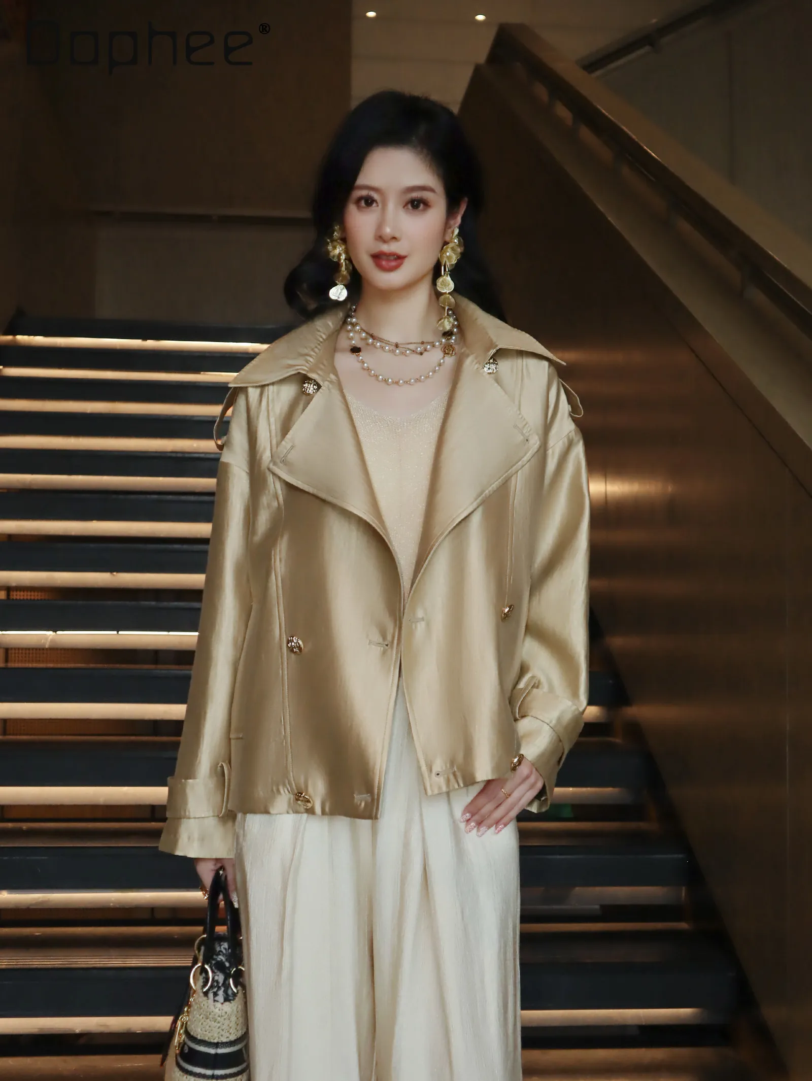 

French Temperament Heavy Industry Lapel Woven Double-breasted Trench Coat Fashion Versatile Loose High End Short Trench Women