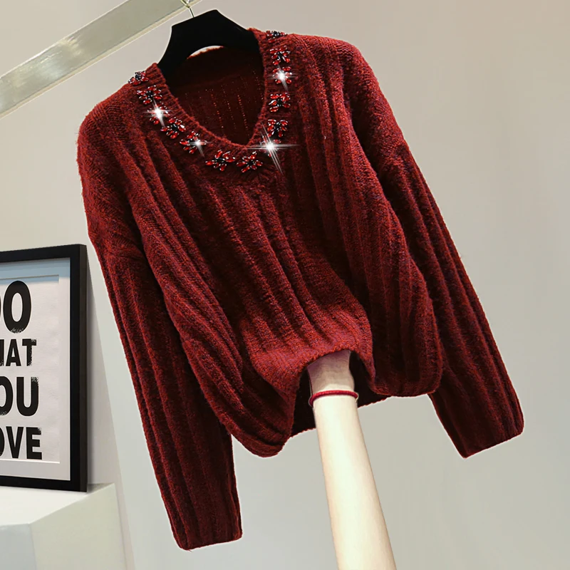 Diamond-encrusted Striped Pullover Knitted Sweater Women Winter Korean Fashion Red Color V-neck Casual Long-sleeved Sweaters