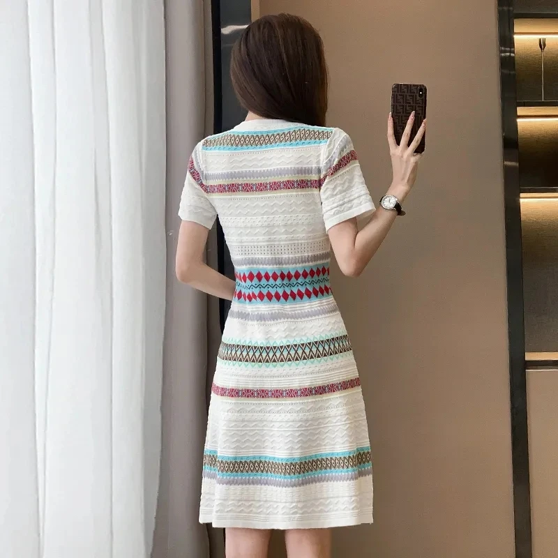 Vintage Slim Short Sleeve Knitted Dress Summer Women Elegant Vestidos Casual Knitwear Kleid 2024 Korean Fashion Dresses