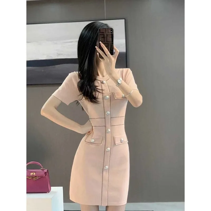 New Elegant Dress Women Summer Knitted O-neck Short Sleeve Single Breasted Pearl Buttons Mini Dresses Office Lady Vestidos