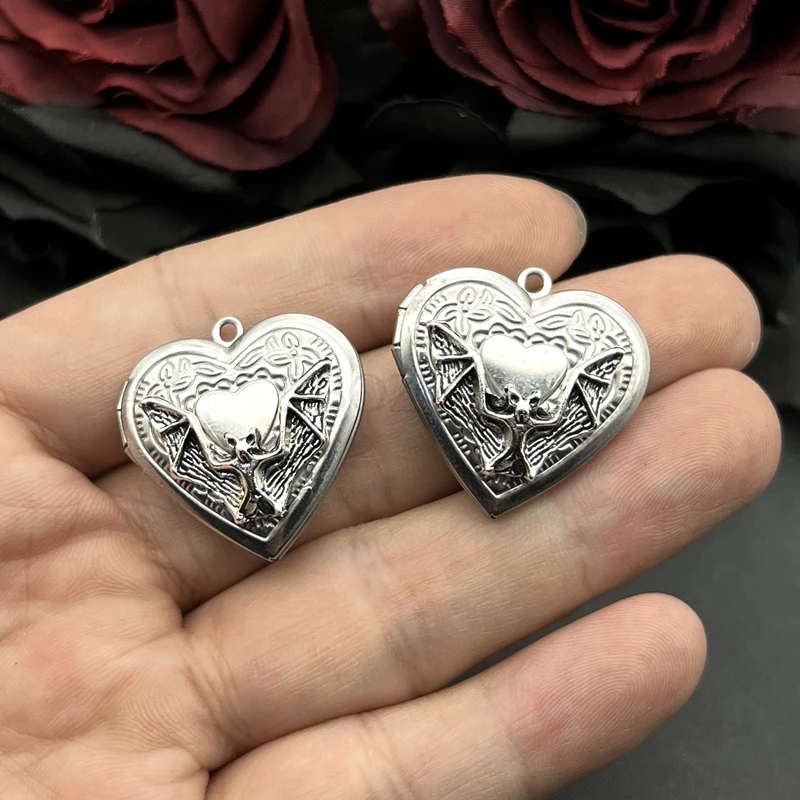 2pcs Bat Heart Locket Charms Stainless Steel Heart Photo Frame Pendant Designer Charms For Jewelry Making DIY Jewelry Findings