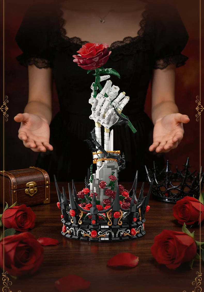 Idea Gothic Baustein Rote Rose Spielzeug Skelett Dunkle Blumenkrone Handgefertigter Baustein Schreibtischdekoration Sammlerstück für Geschenke – Detail 6