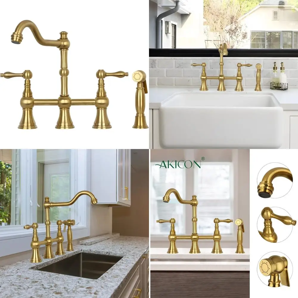 

Матовый золотой мостовой смеситель с двумя ручками и боковым распылением для кухни