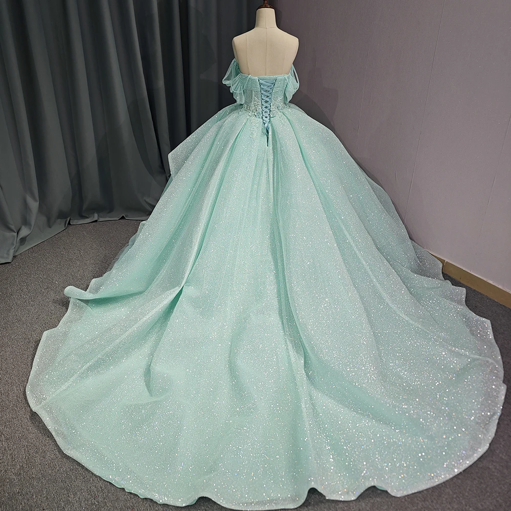 Espartilho vestido de baile 2025 tule renda colher fora do ombro até o chão personalizado quinceanera anos vestido transporte da gota dy9995